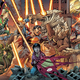 A collage of three pictures of Superman fighting Doomsday while Jon Kent holds his father's tattered cape in the foreground.